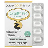 California Gold Nutrition, пробиотики LactoBif Pet, 5 млрд КОЕ, 60 растительных капсул California Gold Nutrition, пробиотики LactoBif Pet, 5 млрд КОЕ, 60 растительных капсул